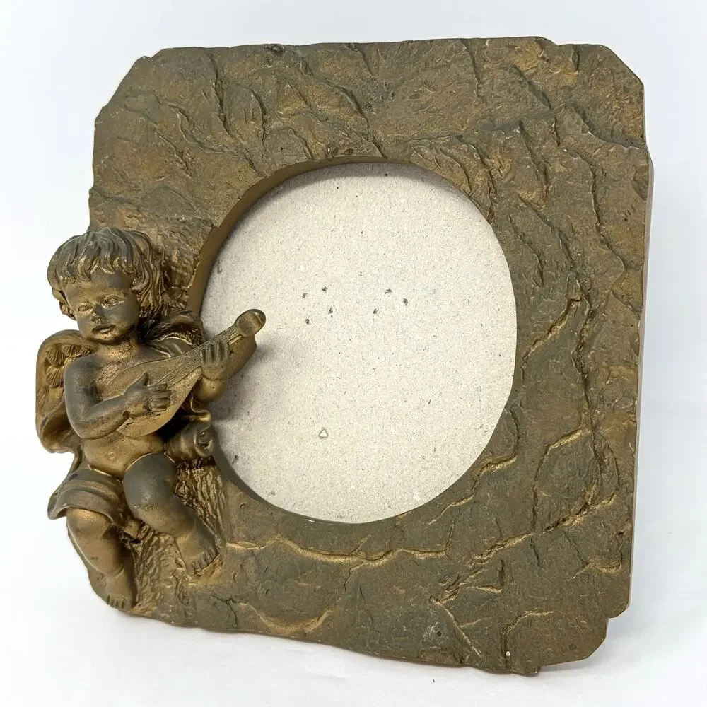 Cherub Playing Lute Angel Picture Frame Gold Rustic Stone Retro Vintage Style
